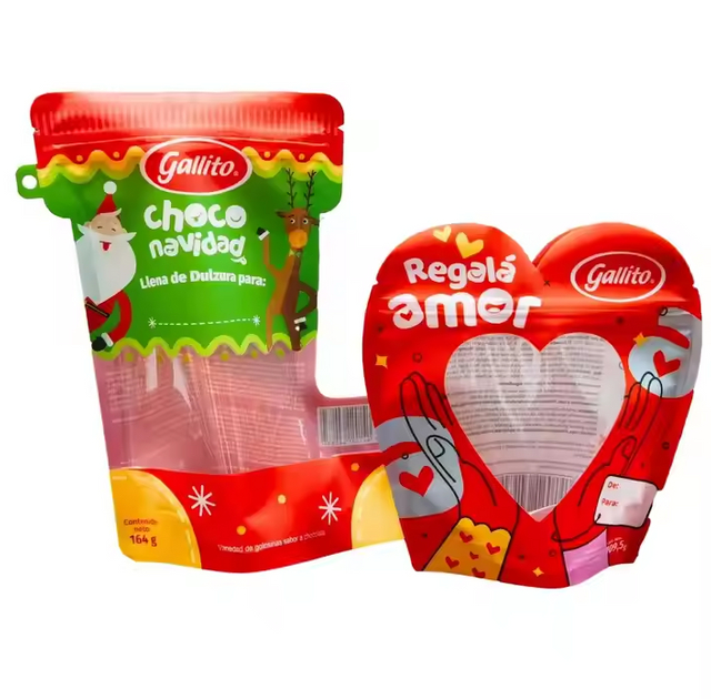 Bolsa de pie impresa personalizada, bolsa con cremallera de calidad alimentaria para galletas navide&ntilde;as, aperitivos, dulces, a prueba de humedad con impresi&oacute;n en huecograbado